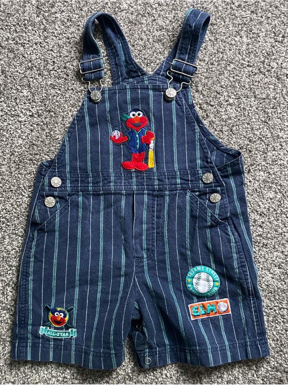 Vintage 90s y2k Sesame Street Elmo Navy Pinstripe Overall Shorts for Kids rare!